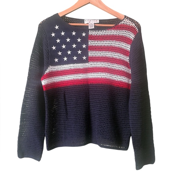 Norton McNaughton Sweaters - VTG 90s Y2K Norton Mcnaughton Patriotic American Flag Navy Crochet Sweater Sz S